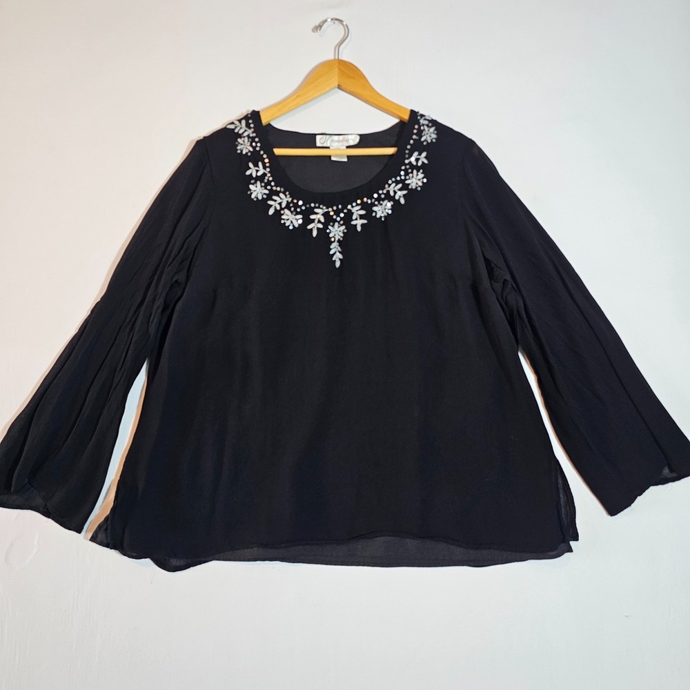 Dressbarn Woman Blouse Womens 18 Black Rayon Sequin Floral Embroidery Round Neck